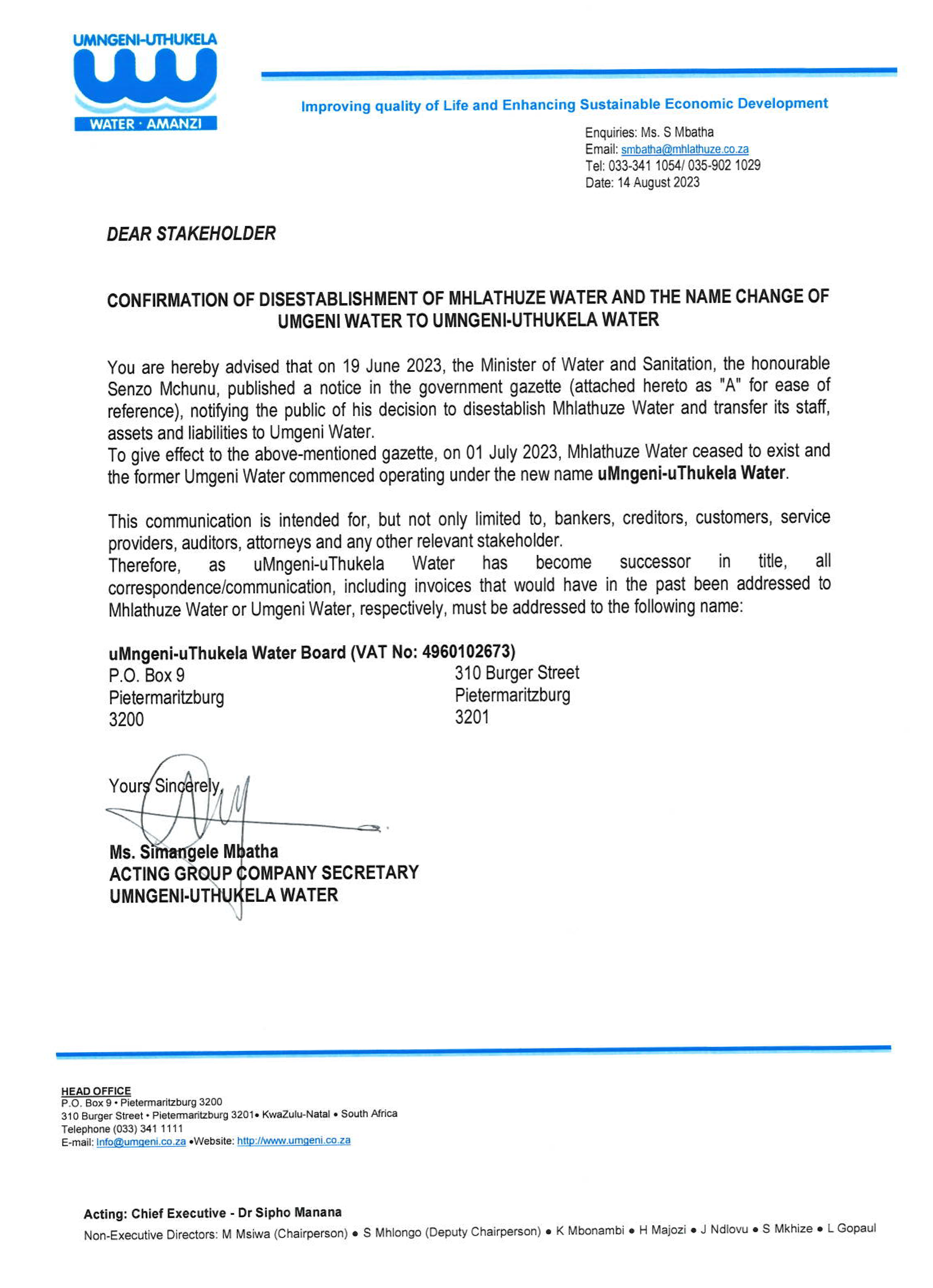 Confirmation of disestablishment of Mhlathuze Water and the name change of uMngeni-uThukela Water to uMngeni-uThukela Water